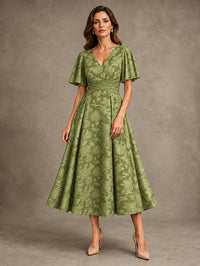 V-Neck Floral Jacquard Tea-Length Mother of the Bride Dress