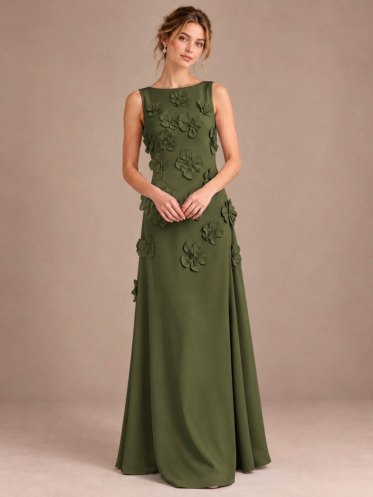 3D Floral Applique Sleeveless Formal Maxi Dress