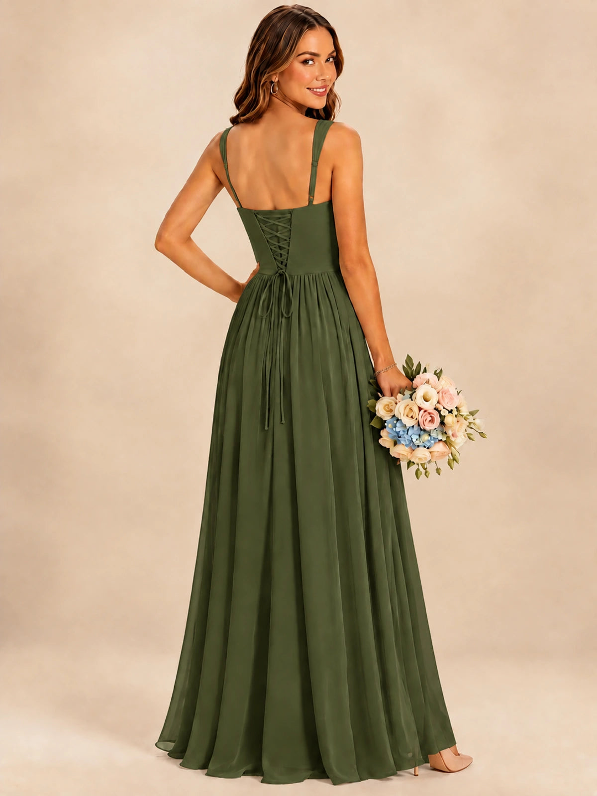 Spaghetti Straps Pleated Chiffon Bridesmaid Dress with Ruffle Slit