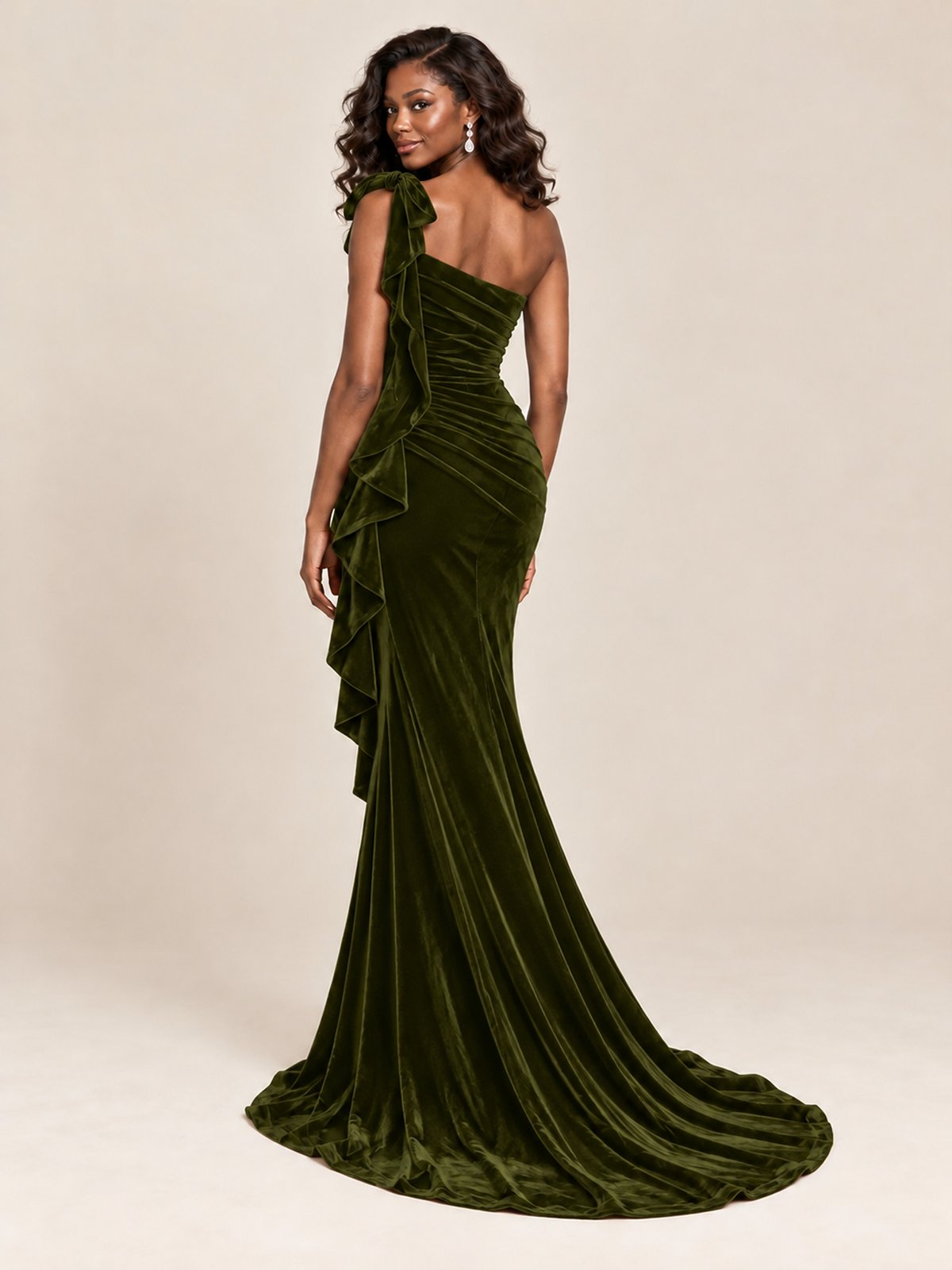 Black Velvet One-Shoulder Mermaid Evening Gown with Bow & Ruffles
