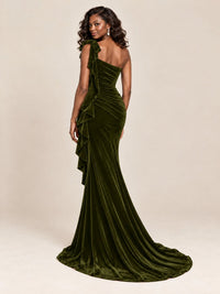 Black Velvet One-Shoulder Mermaid Evening Gown with Bow & Ruffles