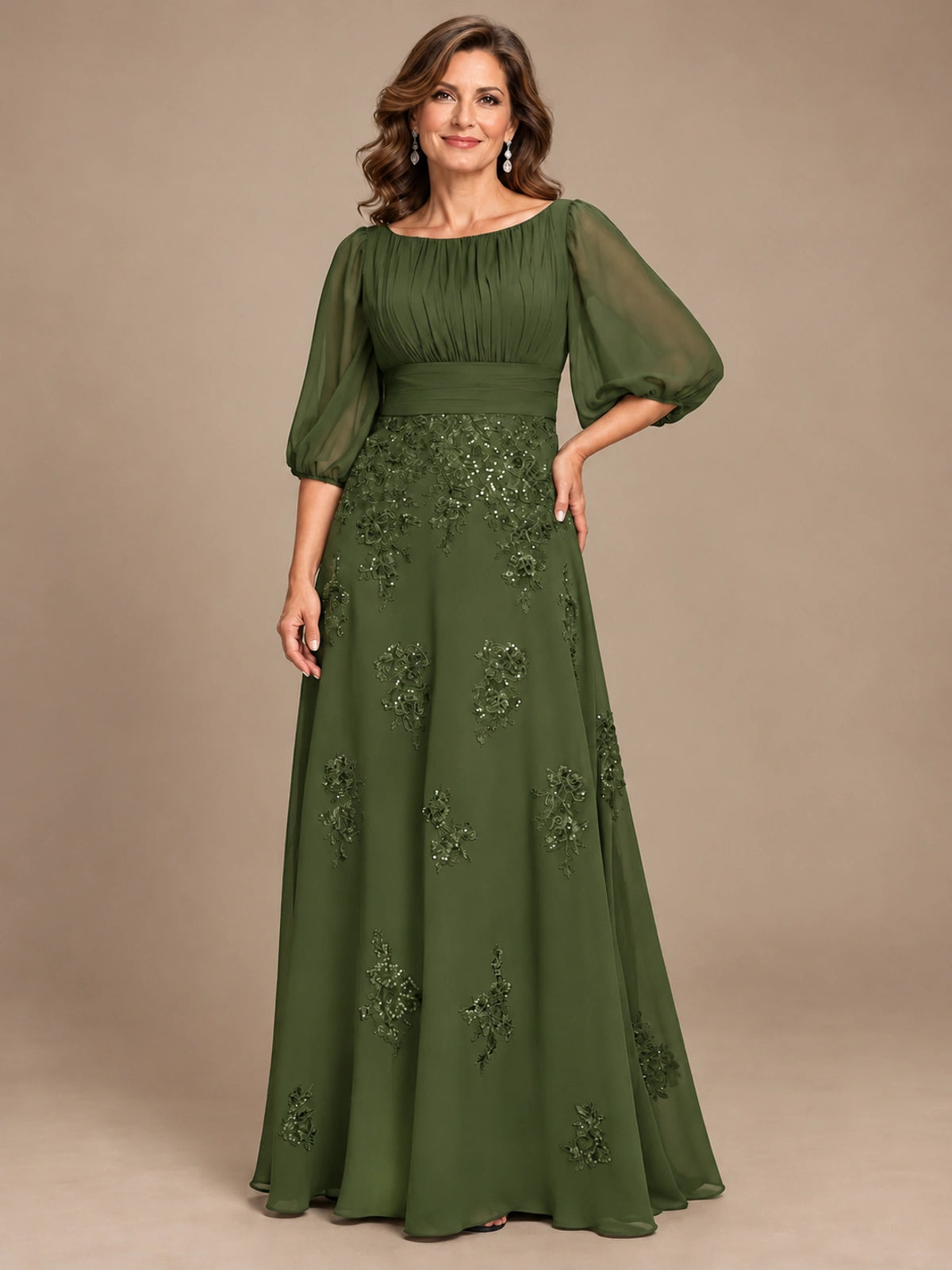 A-Line Mother of the Bride Dress with Sheer Puff Sleeves