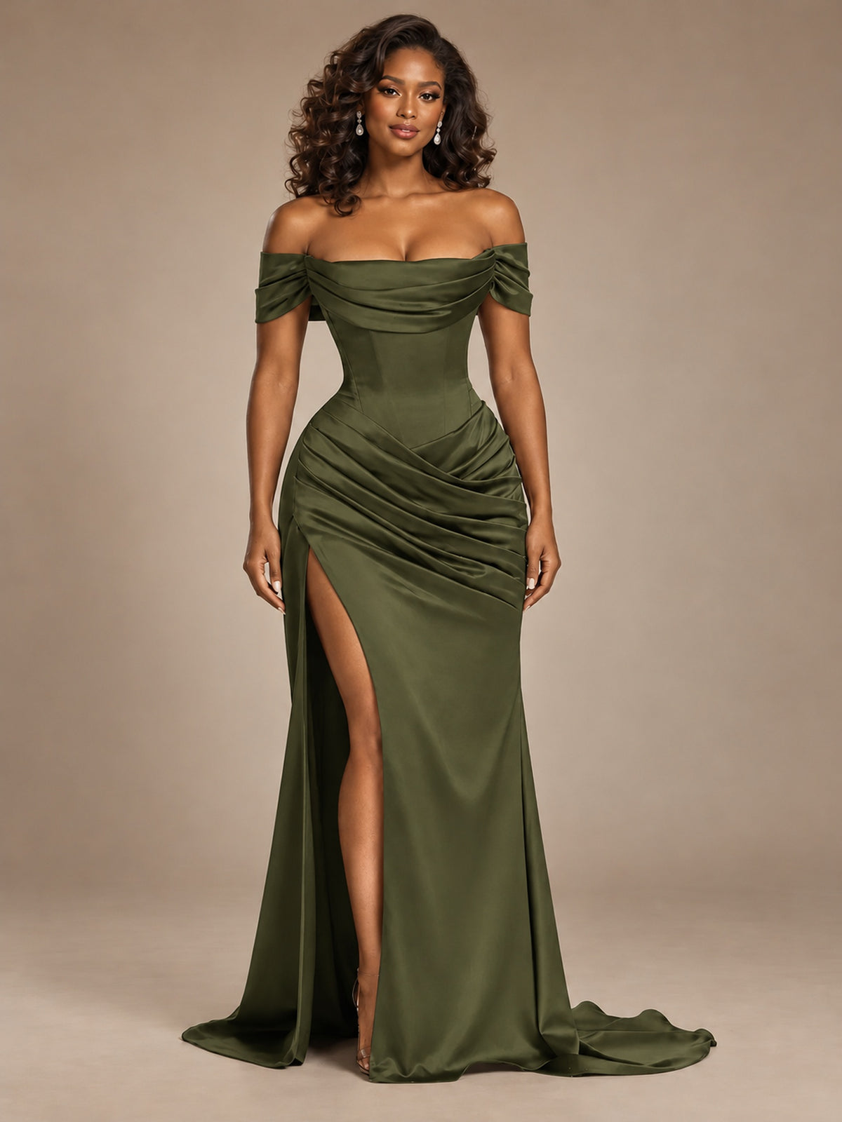 Burgundy Off-the-Shoulder Satin Corset Prom Dress with Slit