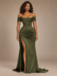 Burgundy Off-the-Shoulder Satin Corset Prom Dress with Slit