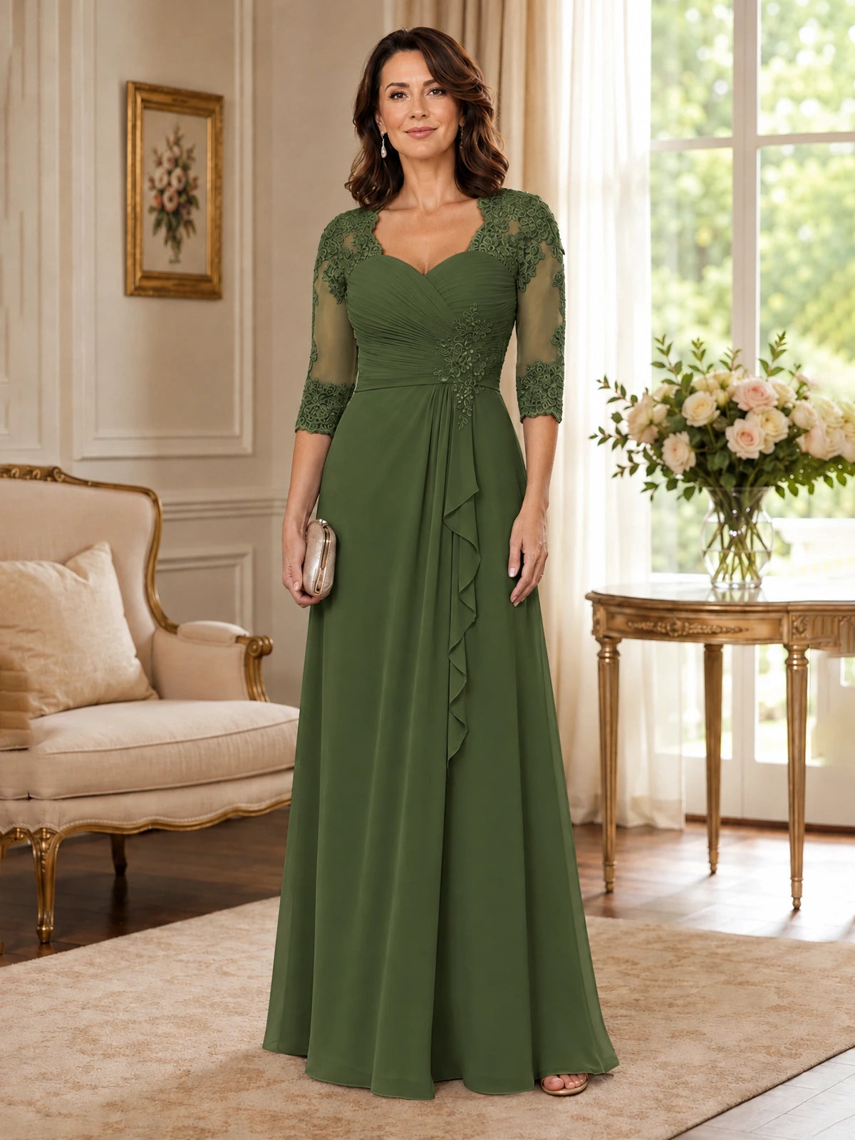 Chiffon Lace Applique Mother of the Bride Dress with 3/4 Sleeves