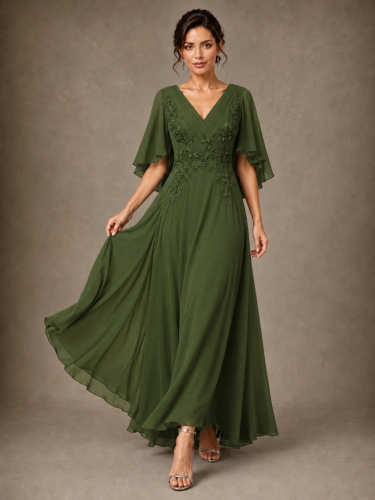 V-Neck Chiffon Lace Mother of the Bride Dress with Flutter Sleeves