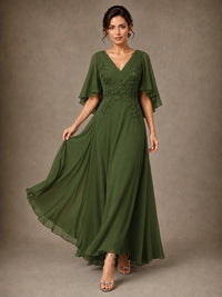 V-Neck Chiffon Lace Mother of the Bride Dress with Flutter Sleeves