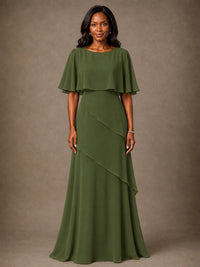 Taupe Chiffon A-Line Mother of the Bride Dress with Cape Sleeves