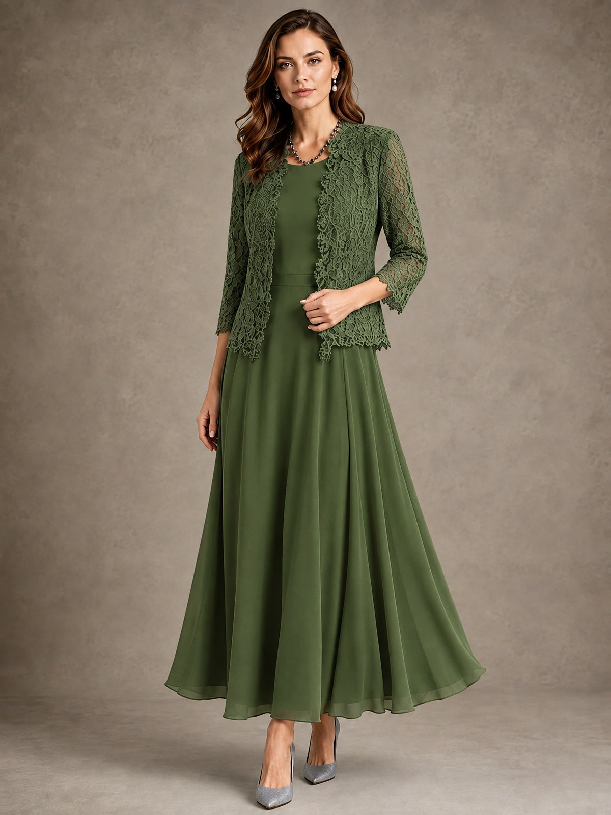 2-Piece Chiffon Mother of the Bride Dress with Lace Jacket