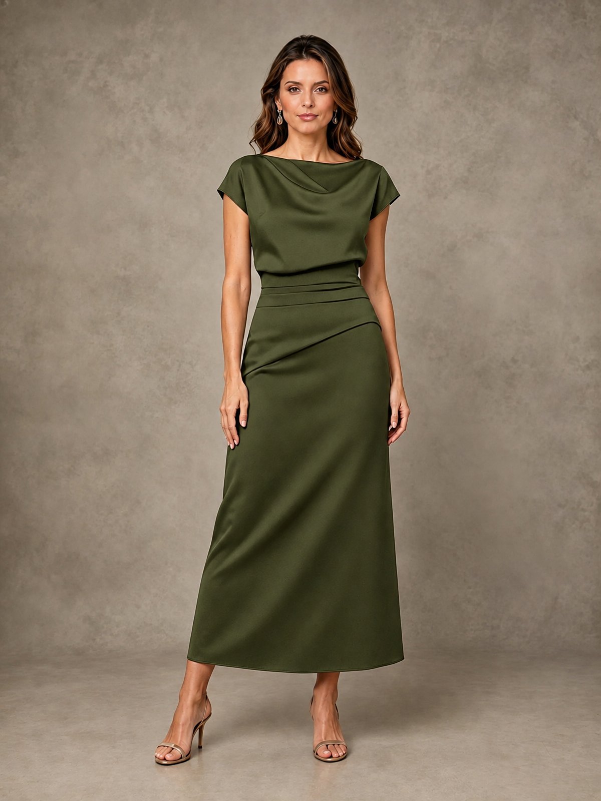 Cowl Neck Satin Mother of the Bride Dress with Ruched Waist