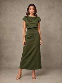 Cowl Neck Satin Mother of the Bride Dress with Ruched Waist