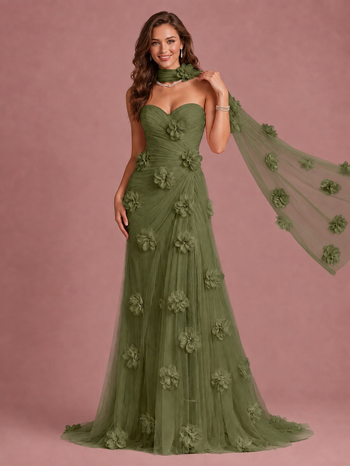 Blush Pink Strapless Sweetheart 3D Floral Tulle Mermaid Prom Dress