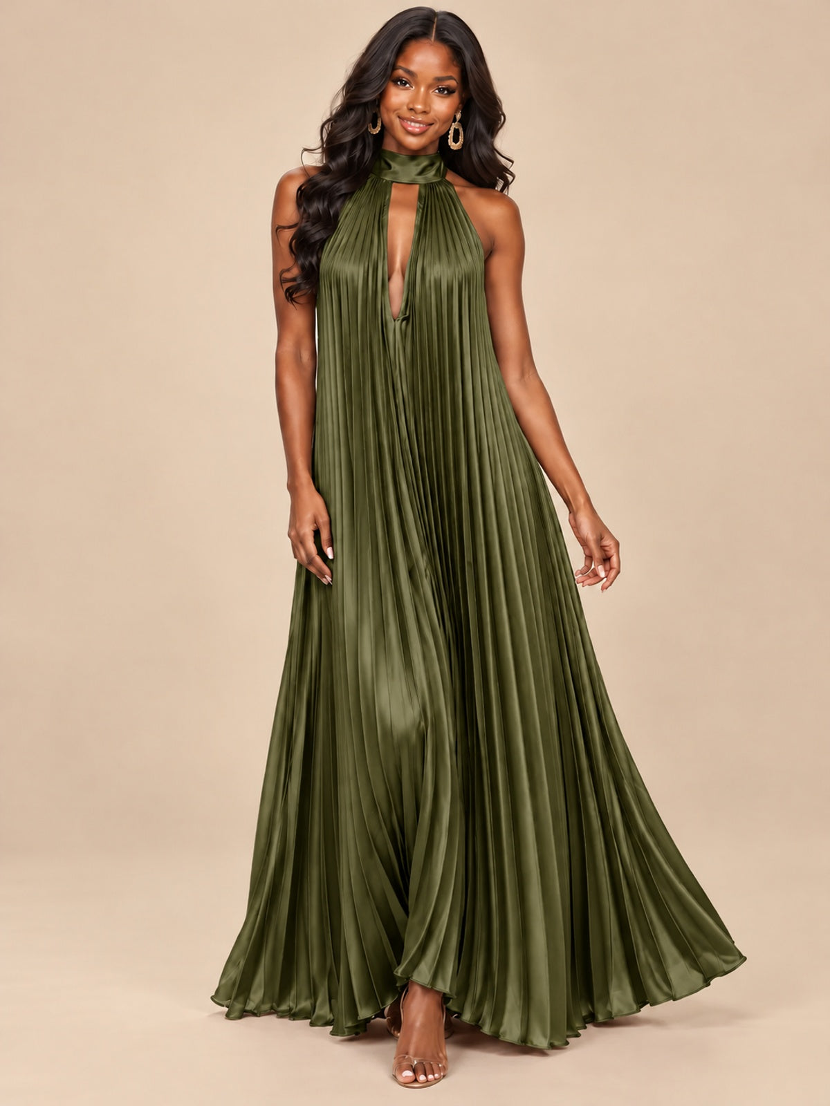 Rust Orange Pleated Halter Neck Maxi Dress