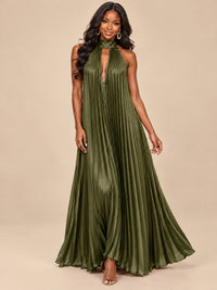Rust Orange Pleated Halter Neck Maxi Dress