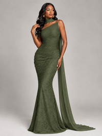 Pleated Chiffon Lace Prom Dresses Long Bodycon Mermaid with Scarf