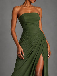 Strapless Bodycon Pleated Chiffon Formal Dress with Slit