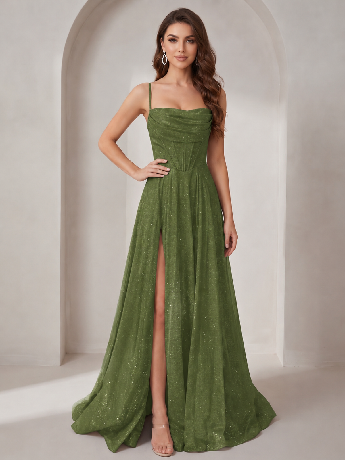 Sparkly Cowl Neck Corset Long Prom Dress with Slit A-line Tulle Ball Gown