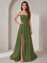 Sparkly Cowl Neck Corset Long Prom Dress with Slit A-line Tulle Ball Gown