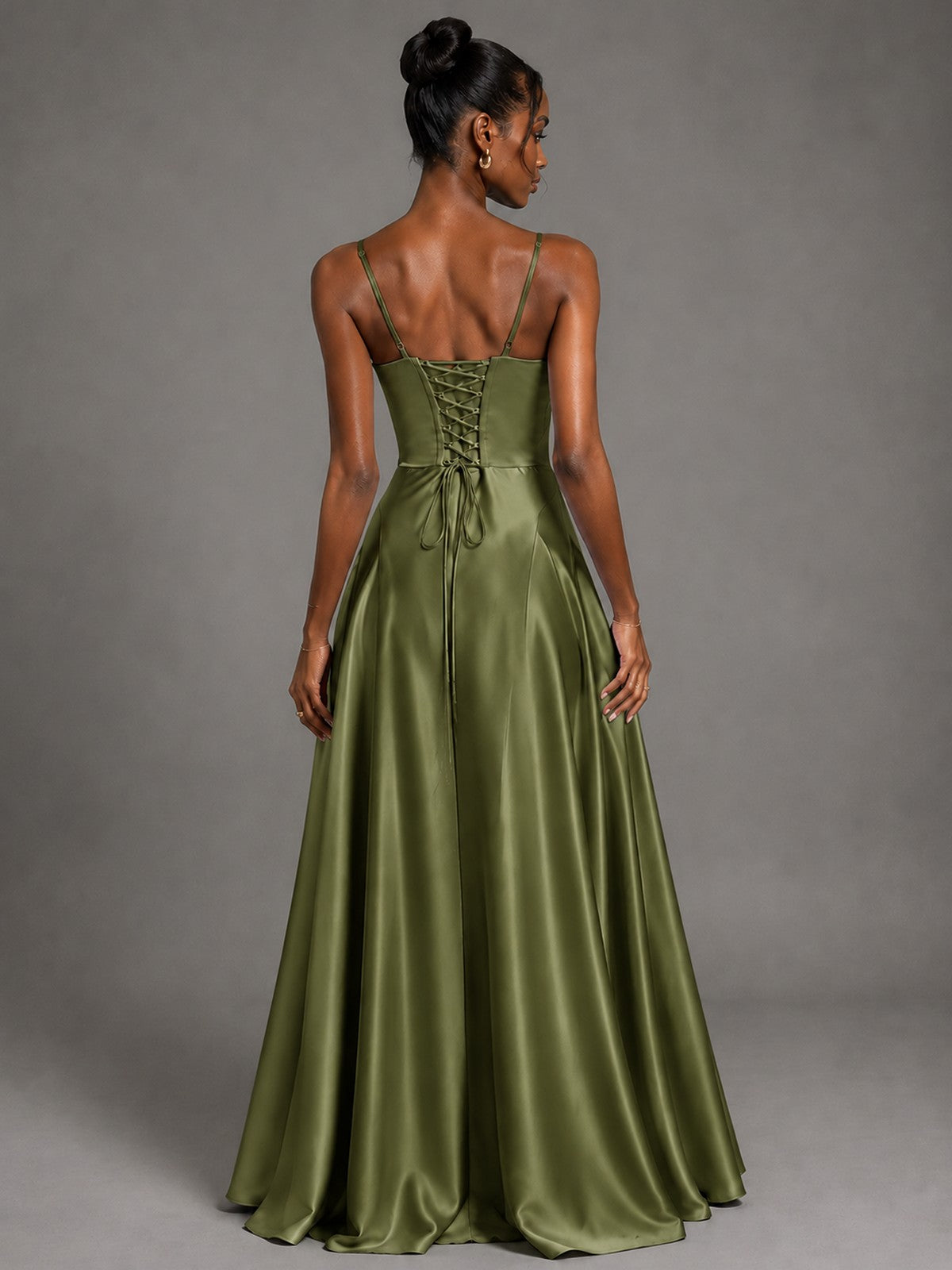 Lavender V Neck Satin Prom Dress with Spaghetti Straps