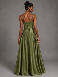 Lavender V Neck Satin Prom Dress with Spaghetti Straps