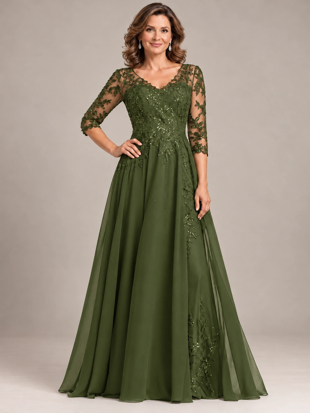 Sequin Lace A-Line Mother of the Bride Dress with 3/4 Sleeves