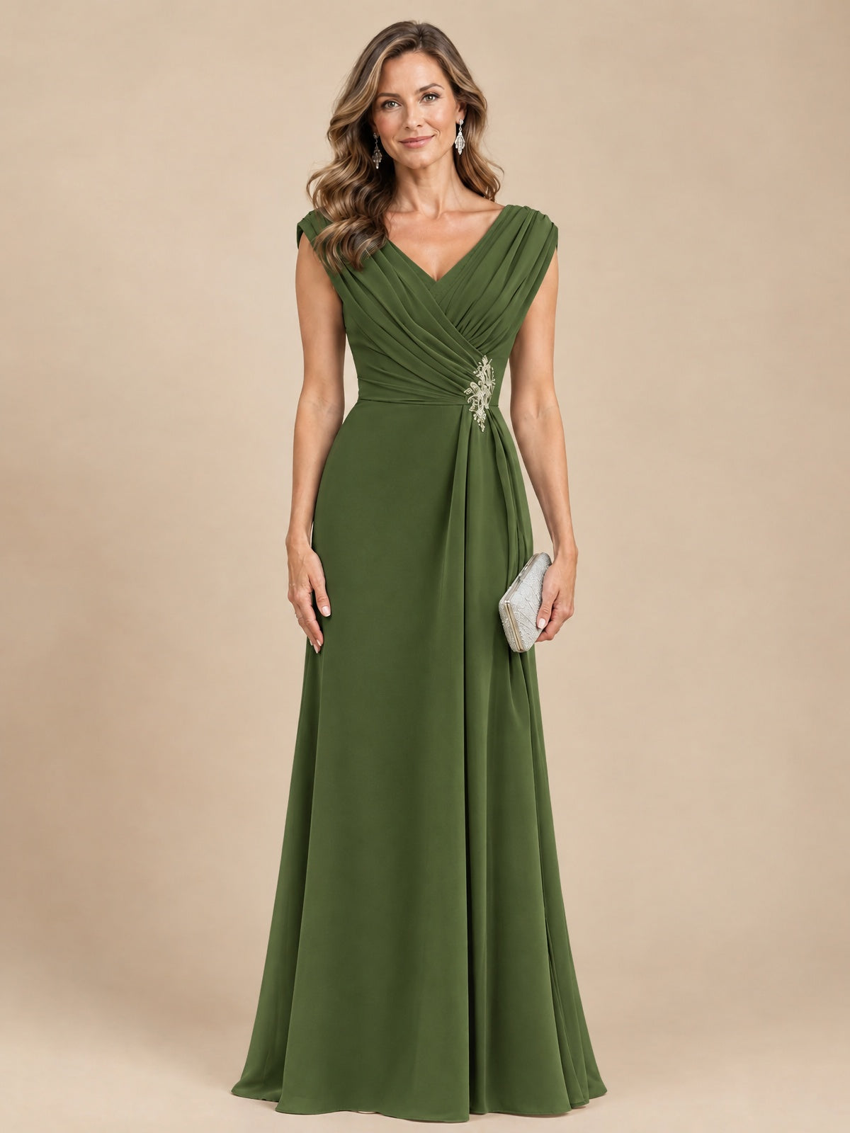 V Neck Pleated Mother of The Bride Dresses with Beading Cap Sleeves