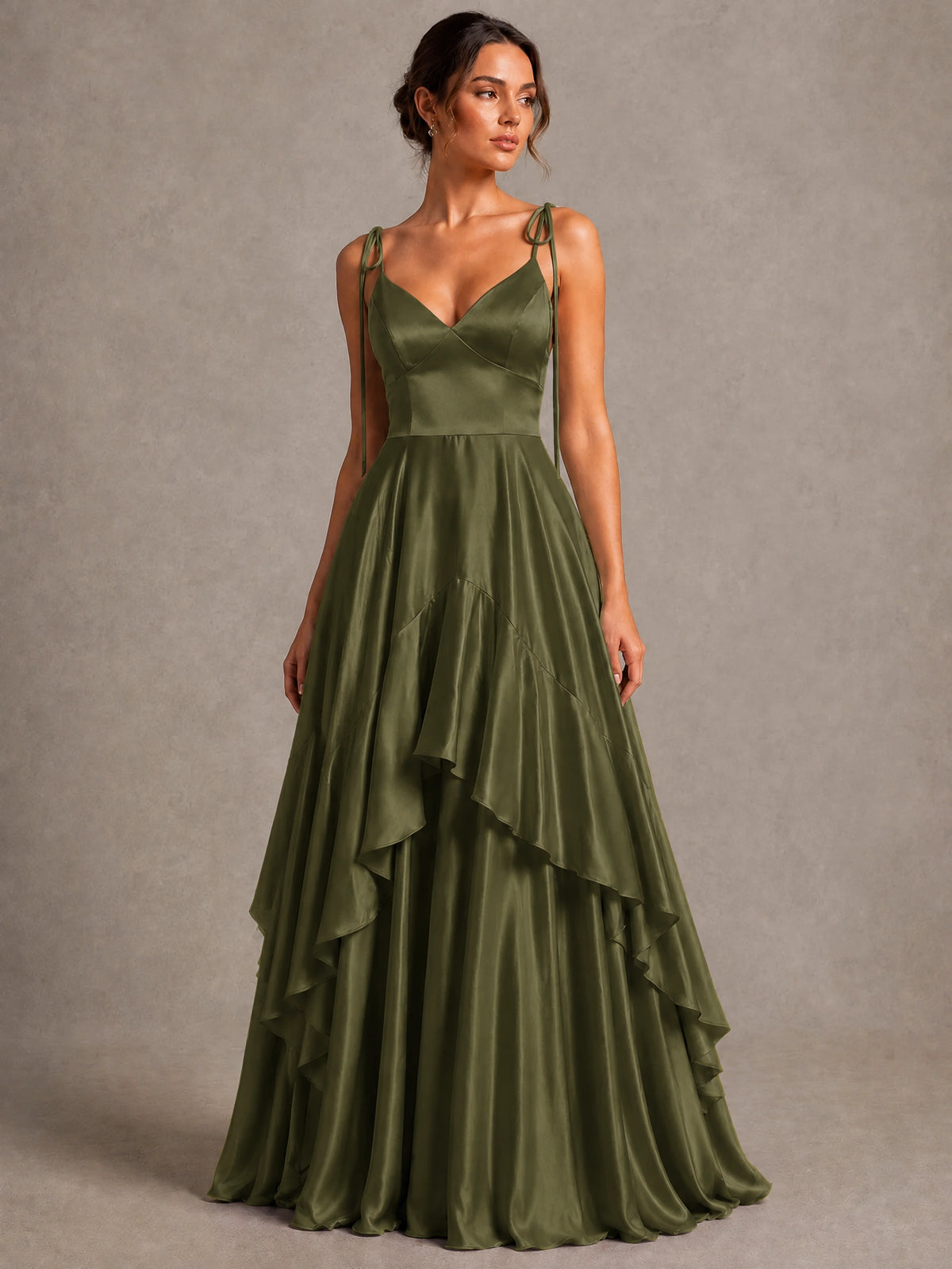 Lavender Satin V-Neck Ruffle Maxi Dress