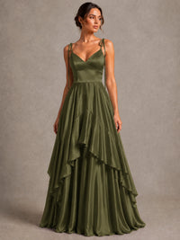 Lavender Satin V-Neck Ruffle Maxi Dress