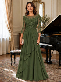 A-Line Chiffon Mother of the Bride Dress with Floral Applique 3/4 Sleeves