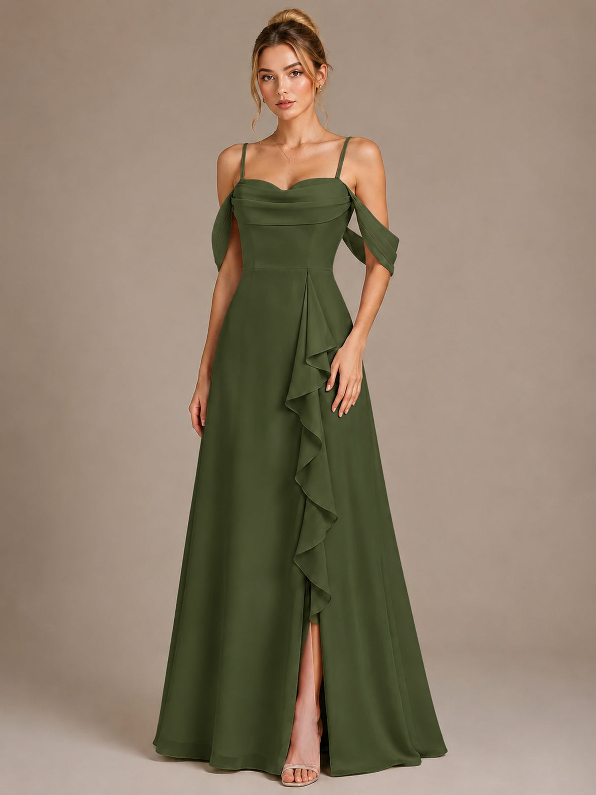 Spaghetti Strap Chiffon Bridesmaid Dress with Ruffles Slit