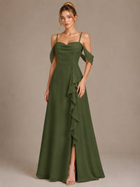 Spaghetti Strap Chiffon Bridesmaid Dress with Ruffles Slit