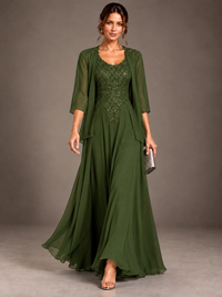 A-line 2 Pieces Chiffon Appliques Mother of The Bride Dresses with Jackets