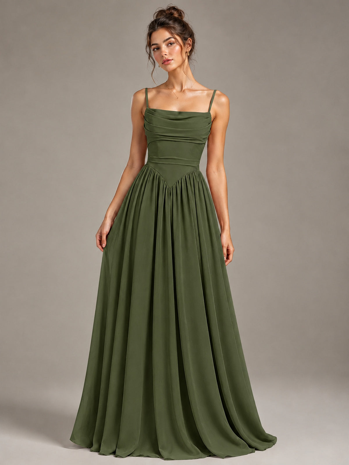 Spaghetti Strap Ruched Chiffon Maxi Dress with Backless