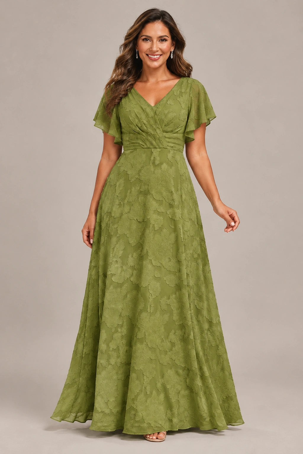 Jovellee Floral Chiffon A-Line Mother of the Bride Dress with Flutter Sleeves