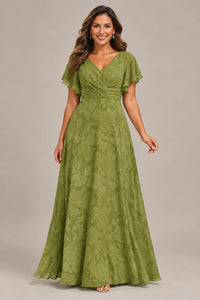 Jovellee Floral Chiffon A-Line Mother of the Bride Dress with Flutter Sleeves