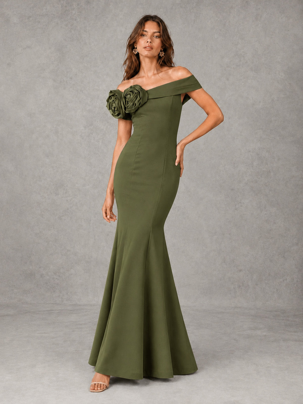 Blush Pink Off Shoulder Mermaid Bridesmaid Dress with Floral Rosette