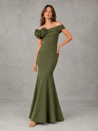 Blush Pink Off Shoulder Mermaid Bridesmaid Dress with Floral Rosette