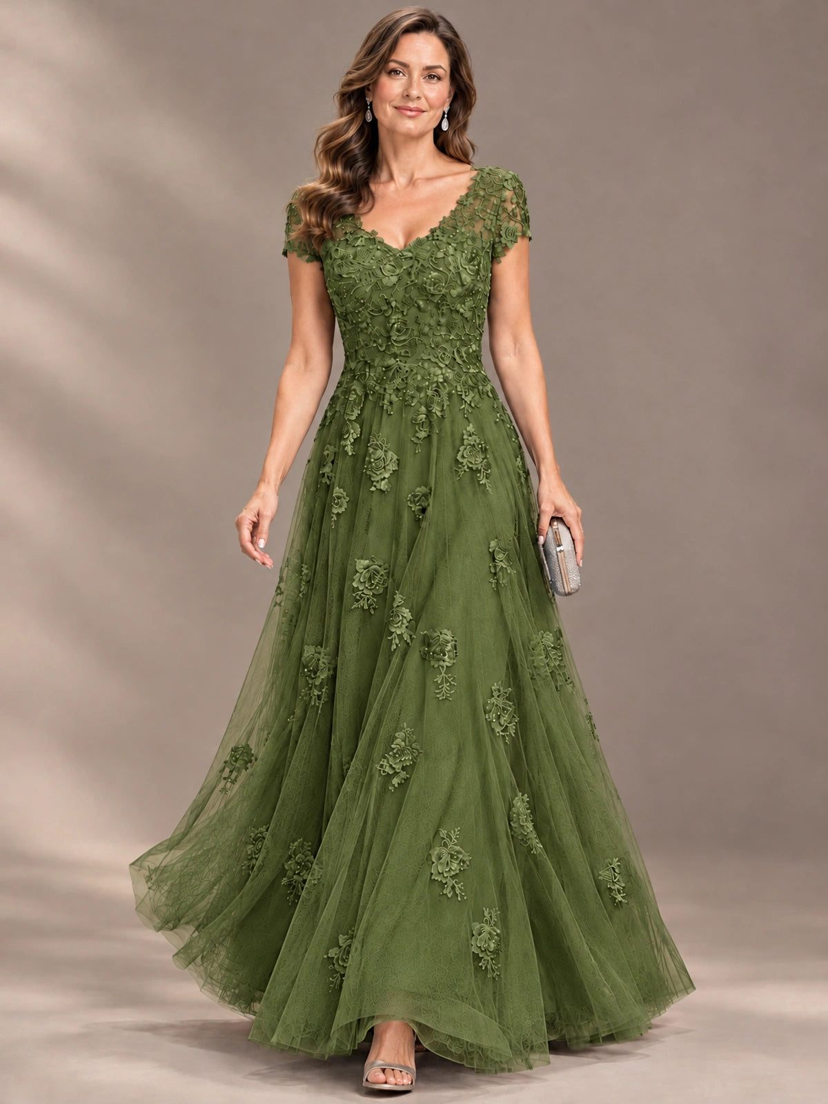 Lace Appliques A-line Mother of The Bride Dresses with Short Sleeves