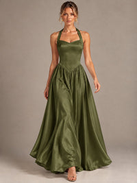 Light Yellow Halter Neck Satin A-Line Maxi Dress with Pockets