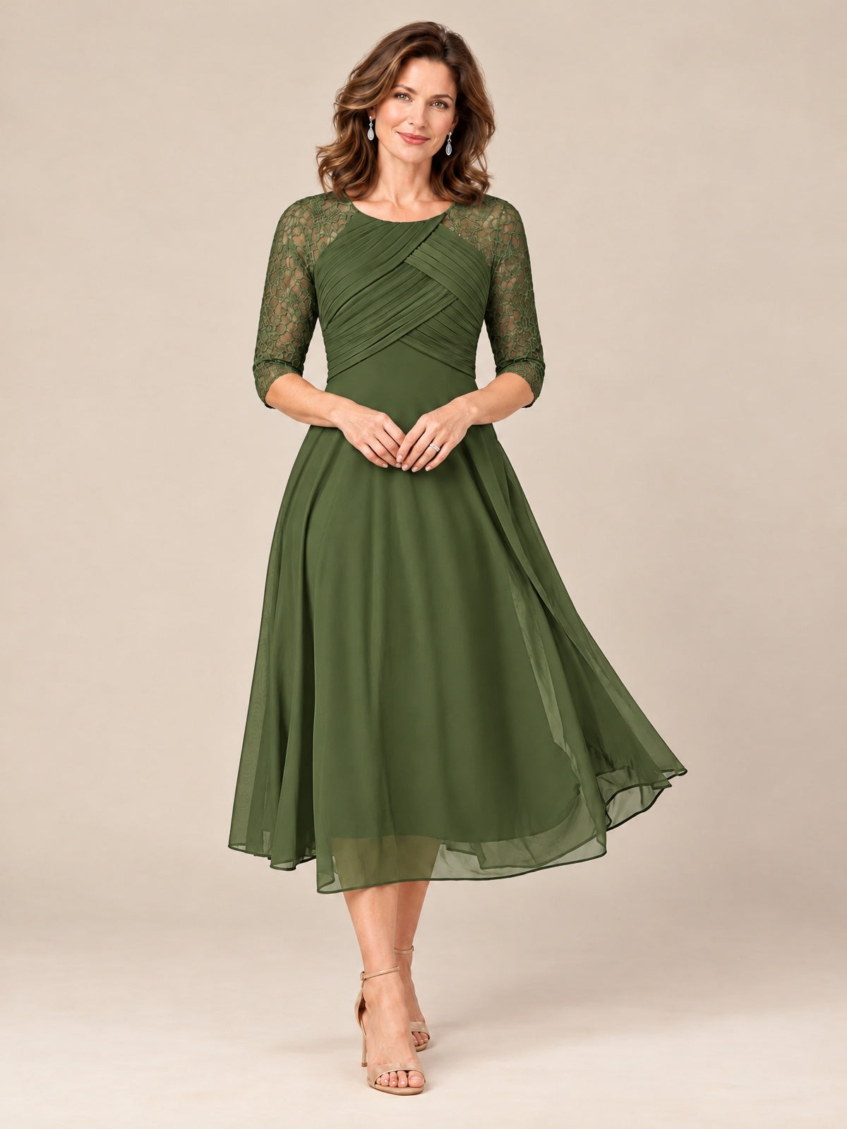 Olive Green-Lace Applique Pleated Tea Length Mother of The Bride Dresses