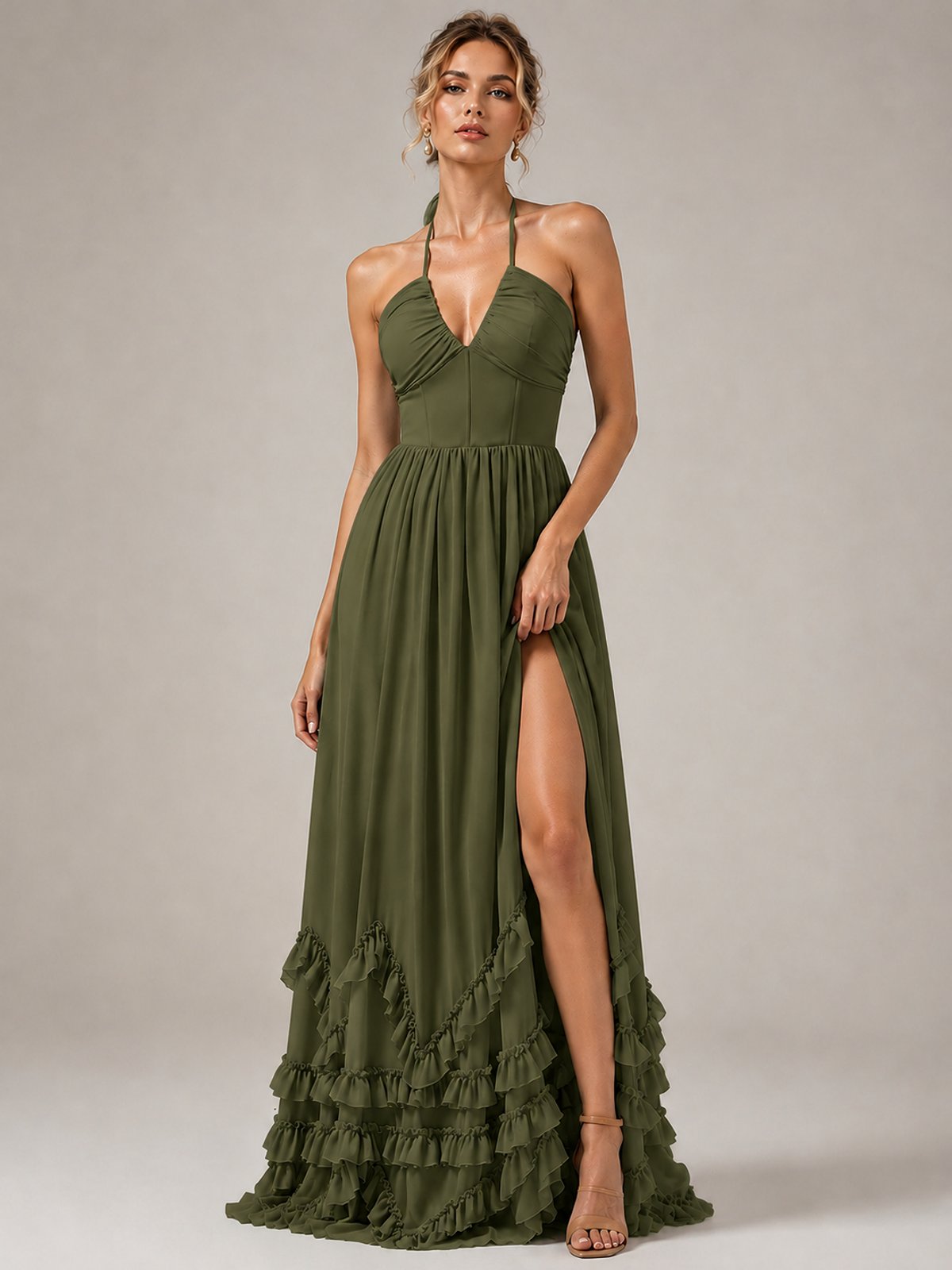 Halter V Neck Chiffon Formal Dress with Lace-Up Back and Ruffle Hem