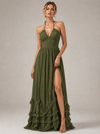 Halter V Neck Chiffon Formal Dress with Lace-Up Back and Ruffle Hem