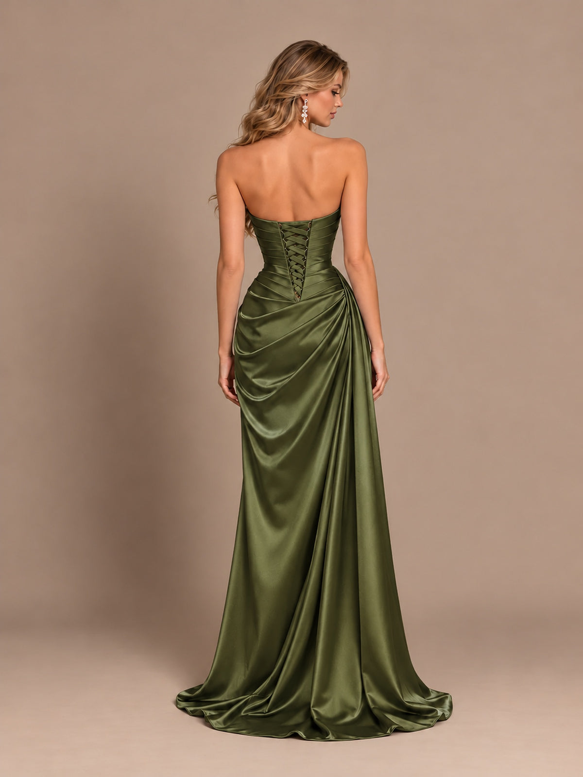 Dusty Blue Strapless Satin Prom Dress with Ruched Bodice and Slit