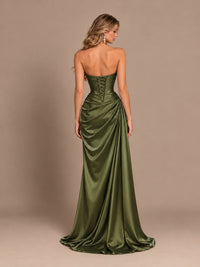 Dusty Blue Strapless Satin Prom Dress with Ruched Bodice and Slit