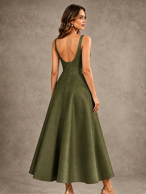 Tea-Length Satin Mother of the Bride Dress with 3D Flower Detail