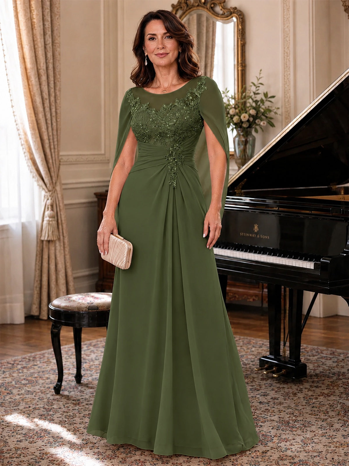 Elegant Applique Chiffon Mother of the Bride Dress with Cape Sleeves