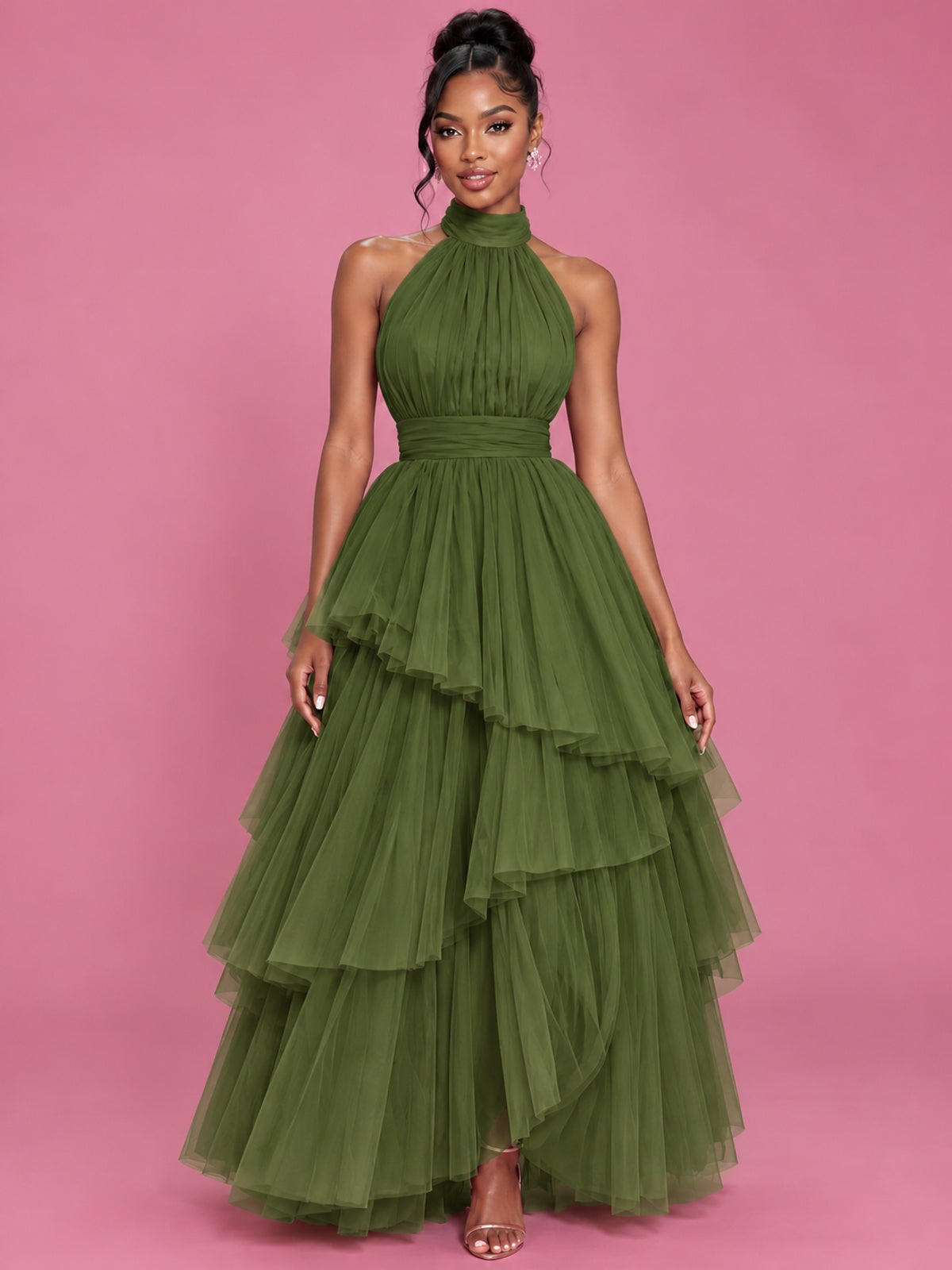 Hot Pink Tulle Halter Neck Tiered Ruffle Maxi Dress