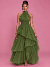 Hot Pink Tulle Halter Neck Tiered Ruffle Maxi Dress
