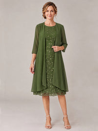 Olive Green-2 Piece Lace Appliques Chiffon Mother of The Bride Dress with Sequin
