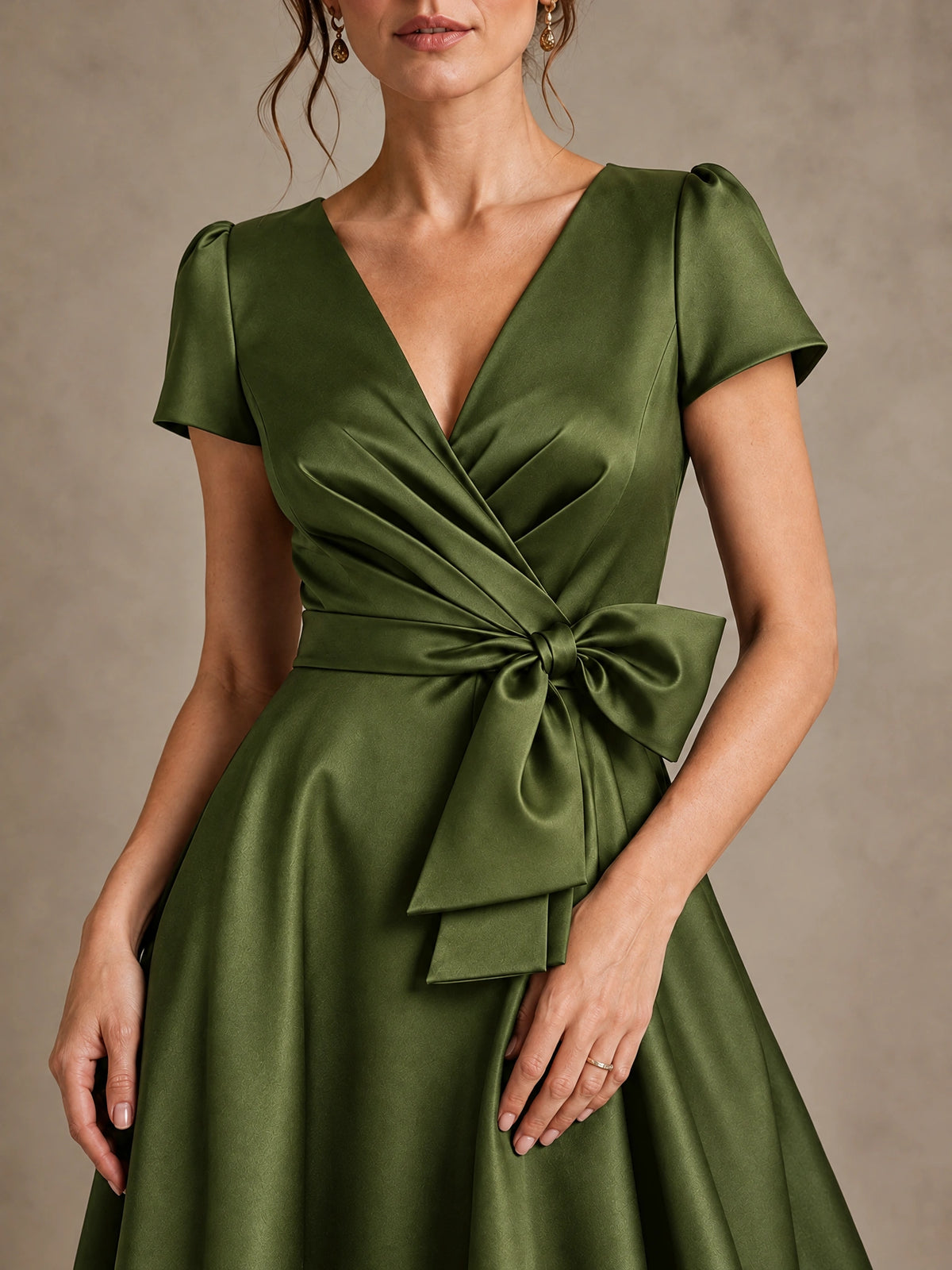 V-Neck Tea-Length Satin Mother of the Bride Dress with Bow